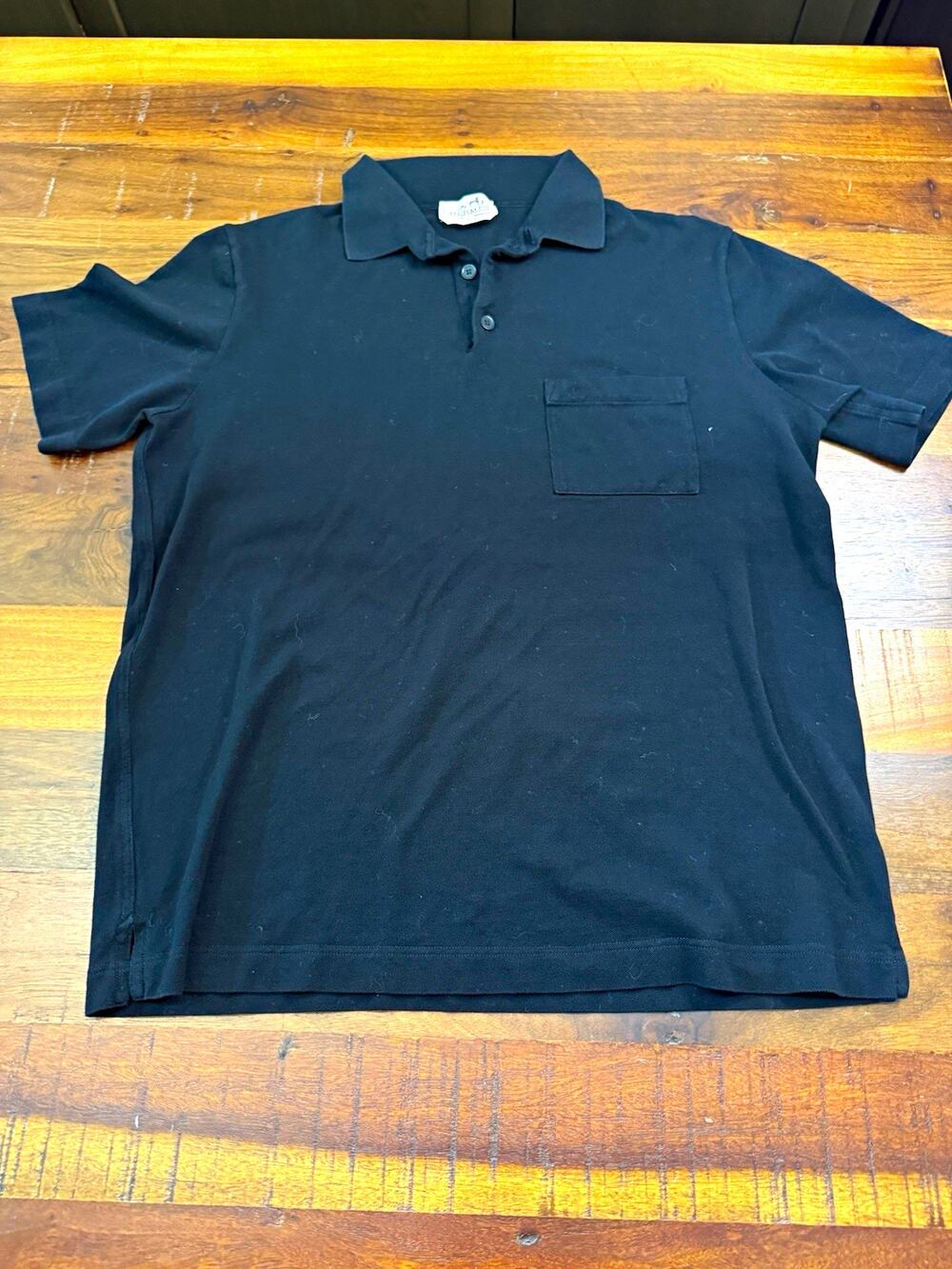 Hermès Men’s Cotton Knit Polo Shirt Black Short Sleeve Collared Button Size L